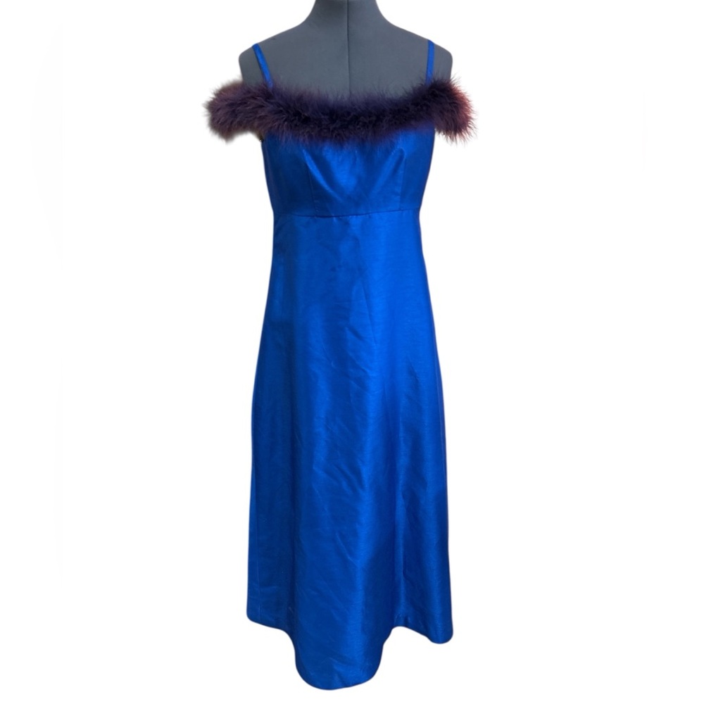 Vintage raw silk and Maribou feather maxi dress blue small